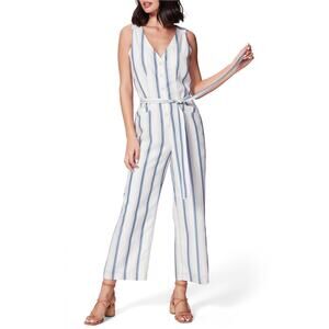 Paige Meade Stripe Jumpsuit Blue White Crop Leg Pockets Belt 4